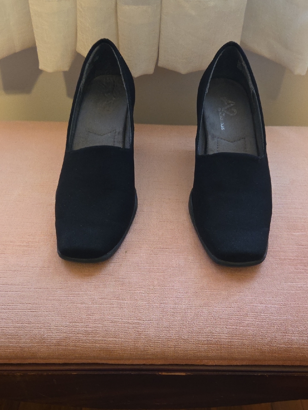 Black Fabric Block Heel Pumps